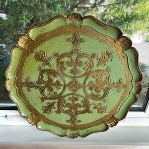 Vintage Italian Florentine Green & Gold Round Tray 15.5” Made in Italy